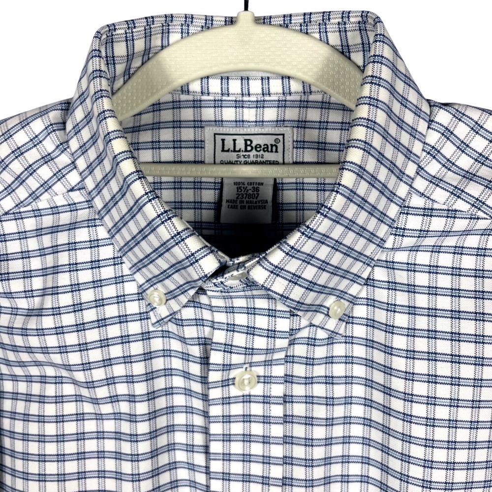 L.L.Bean Wrinkle Free Oxford Cloth Button Down Shirt Men 15.5-36 Blue White Grid